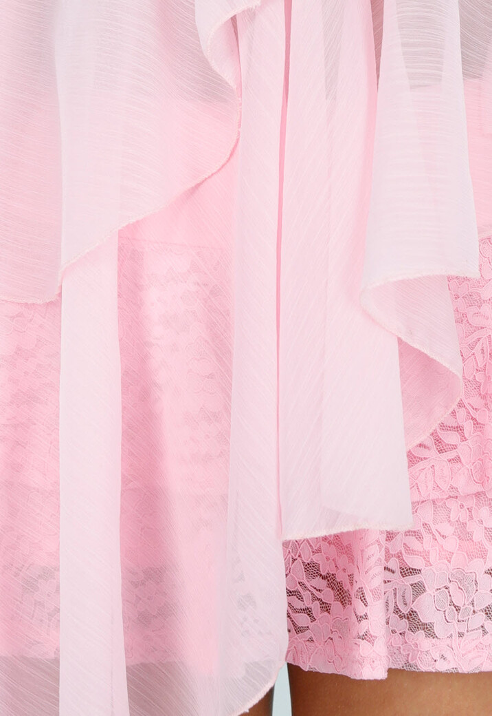 Roze Halter Bandeau Top met Asymmetrische Volants en Striksluiting