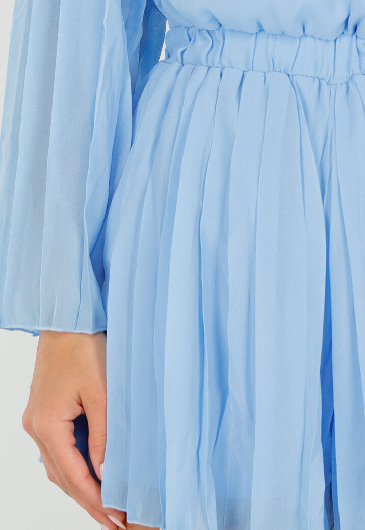 Lichtblauwe Plissé Playsuit met Overslag en Wijde Mouwen