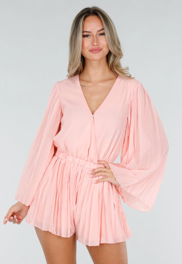 Zalmroze Plissé Playsuit met Overslag