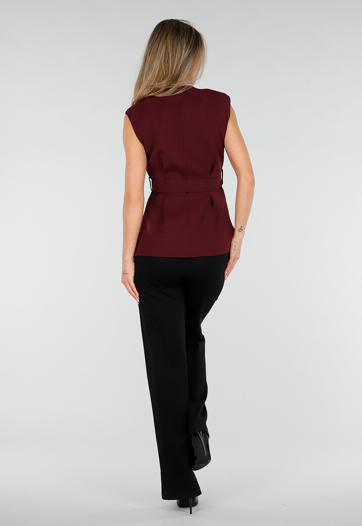 Bordeaux Gilet Top met Strikceintuur en Gouden Knoop