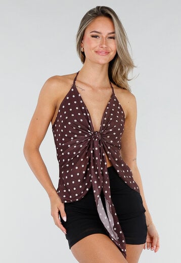 Bruine Halter Top met Polkadot Print en Strikdetail