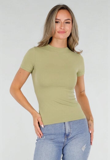 NEW220726 Pistache Stretch T-Shirt met Ronde Hals