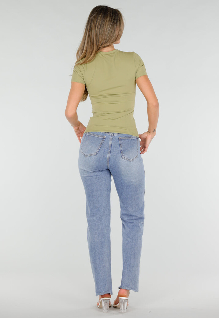 Pistache Stretch T-Shirt met Ronde Hals en Korte Mouwen