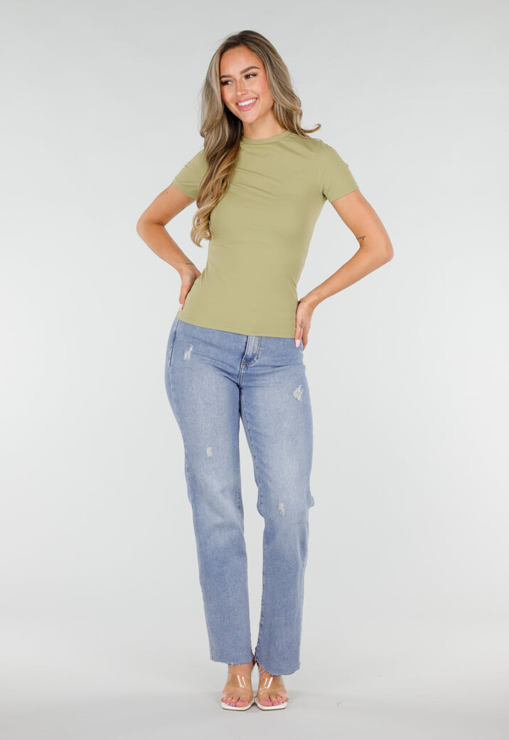Pistache Stretch T-Shirt met Ronde Hals en Korte Mouwen