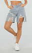 Lichtblauwe Denim Bermuda Shorts met Strass en Destroyed Details Voor Dames