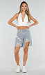 Lichtblauwe Denim Bermuda Shorts met Strass en Destroyed Details Voor Dames