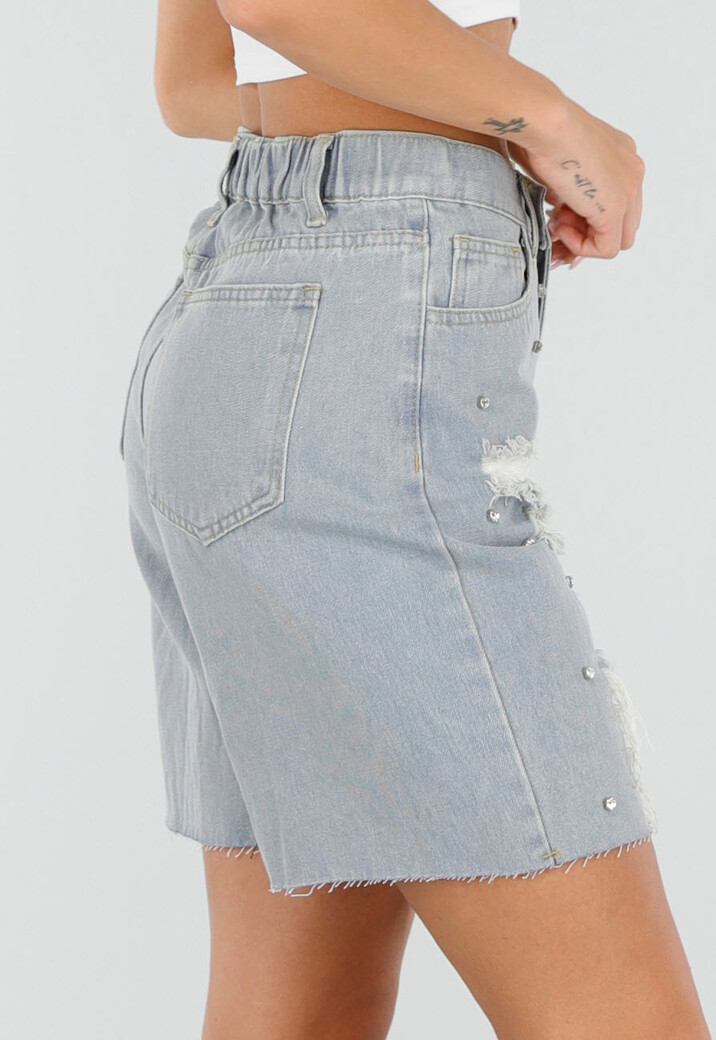 Lichtblauwe Denim Bermuda Shorts met Strass en Destroyed Details Voor Dames