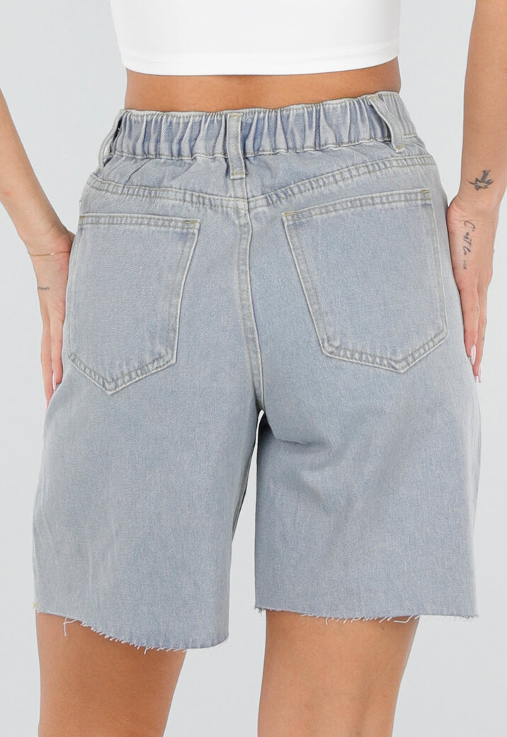 Lichtblauwe Denim Bermuda Shorts met Strass en Destroyed Details Voor Dames