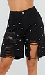 Zwarte Denim Bermuda Shorts met Strass en Destroyed Details Voor Dames
