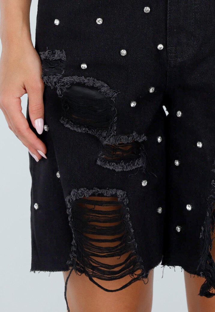 Zwarte Denim Bermuda Shorts met Strass en Destroyed Details Voor Dames