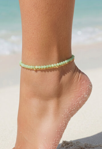 Goudkleurige Enkelband Set met Groene Kralen