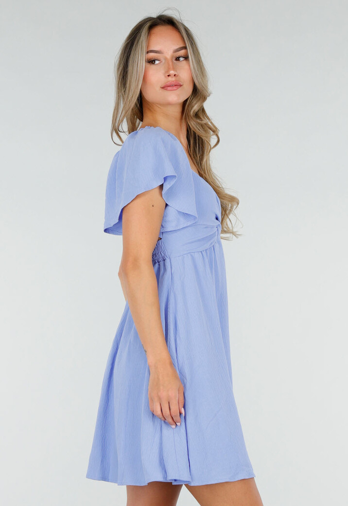 Lichtblauwe Linnenlook Jurk met Gedraaid Detail en Vlindermouwen