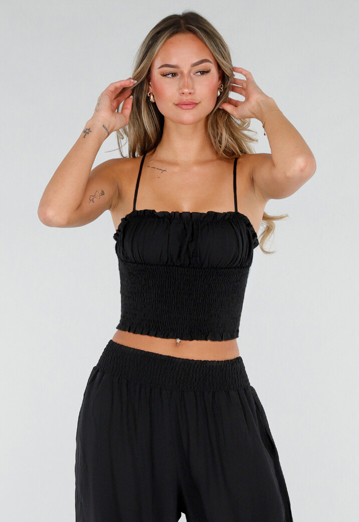 Zwarte Two Piece Set met Smock Top en Wijde Broek