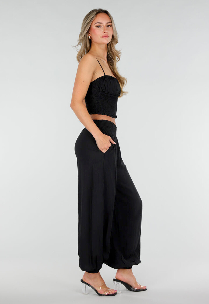 Zwarte Two Piece Set met Smock Top en Wijde Broek