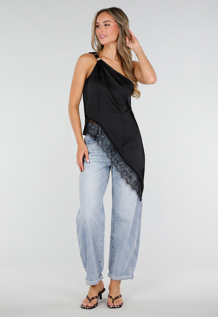 Zwarte One Shoulder Top met Kanten Zoom