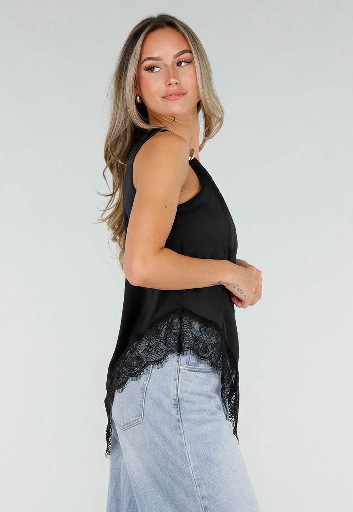 Zwarte One Shoulder Top met Kanten Zoom