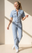 Blauwe Jeans Jumpsuit met Korte Mouwen en Straight Leg