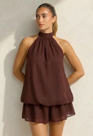 Roodbruin Halter Jurkje met Open Rug