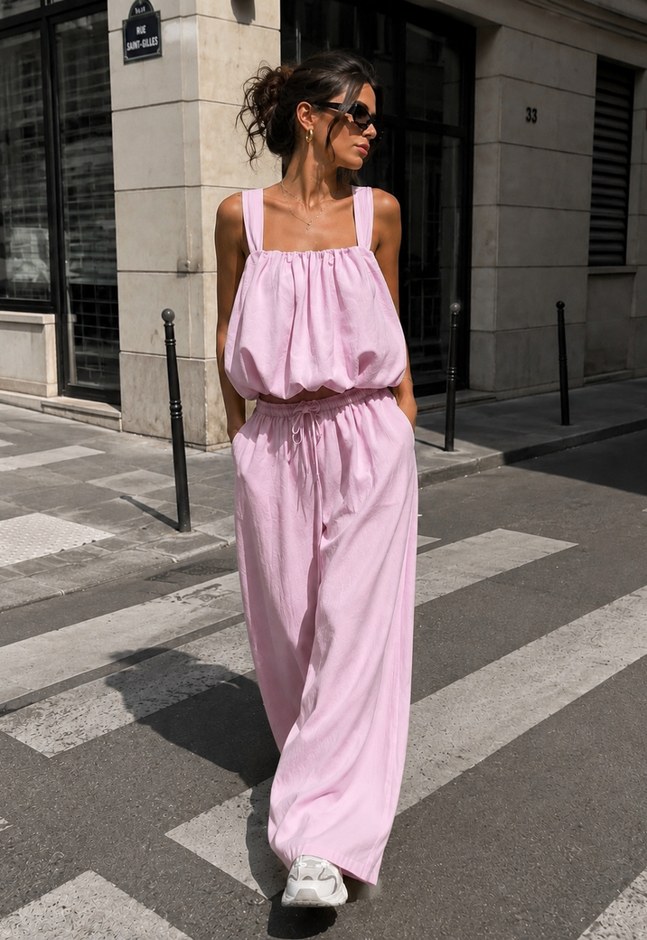 Lichtroze Stretch Two Piece Set met Mouwloze Top en Wide Leg Broek
