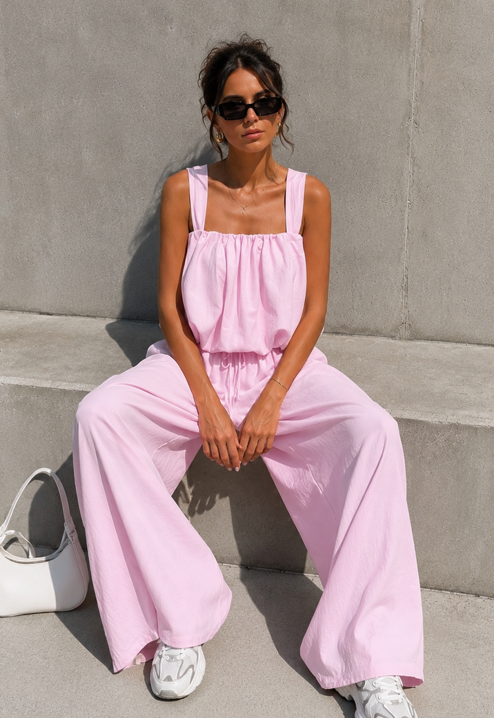 Lichtroze Stretch Two Piece Set met Mouwloze Top en Wide Leg Broek