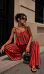 Rood Bruine Gestreepte Two Piece Set met Mouwloze Top en Wide Leg Broek