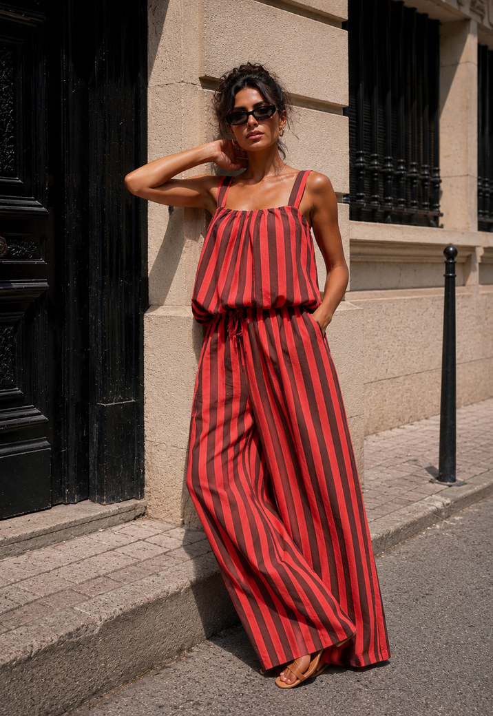 Rood Bruine Gestreepte Two Piece Set met Mouwloze Top en Wide Leg Broek