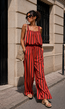 Rood Bruine Gestreepte Two Piece Set met Mouwloze Top en Wide Leg Broek