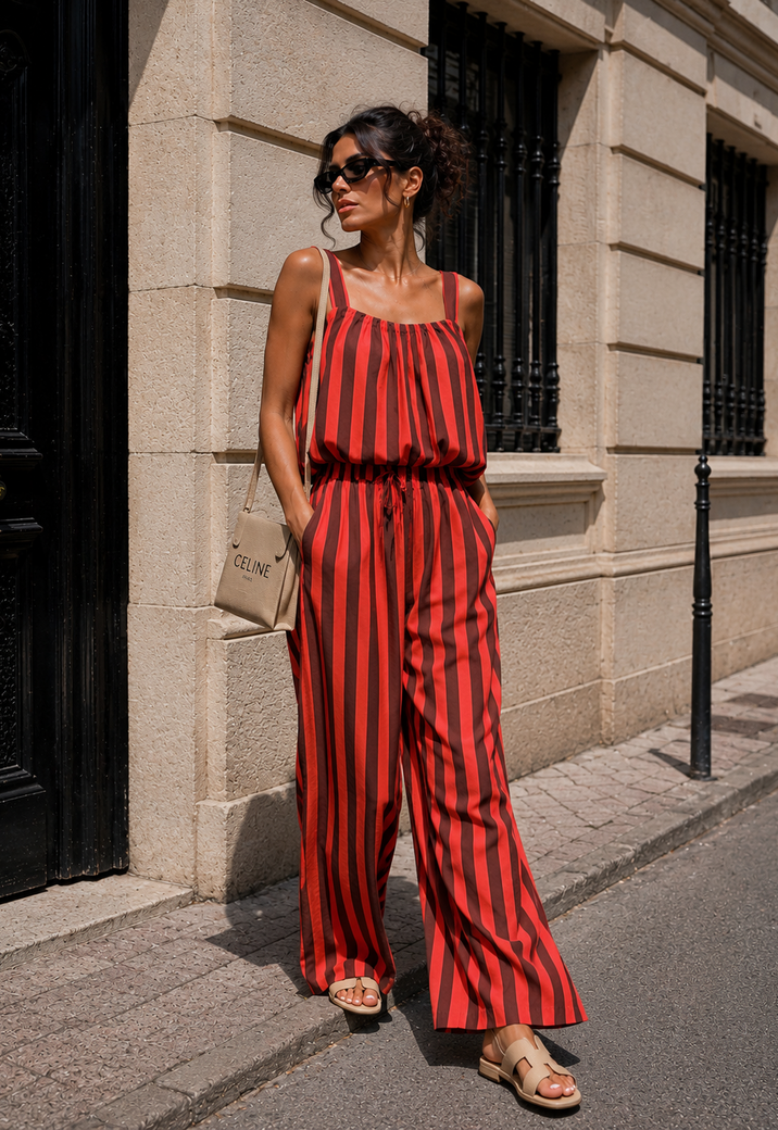Rood Bruine Gestreepte Two Piece Set met Mouwloze Top en Wide Leg Broek