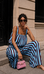 Blauwe Burgundy Gestreepte Two Piece Set met Mouwloze Top en Wide Leg Broek