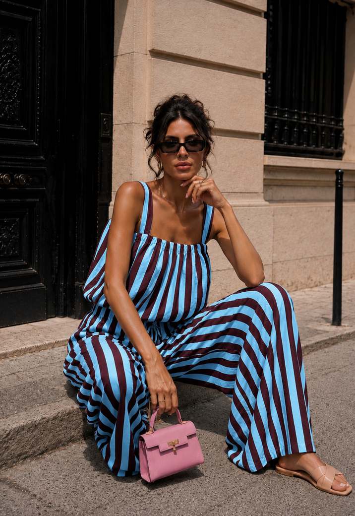 Blauwe Burgundy Gestreepte Two Piece Set met Mouwloze Top en Wide Leg Broek