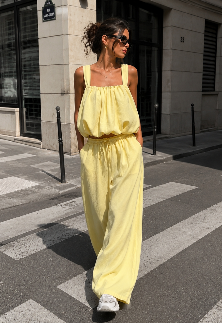 Lichtgele Stretch Two Piece Set met Mouwloze Top en Wide Leg Broek