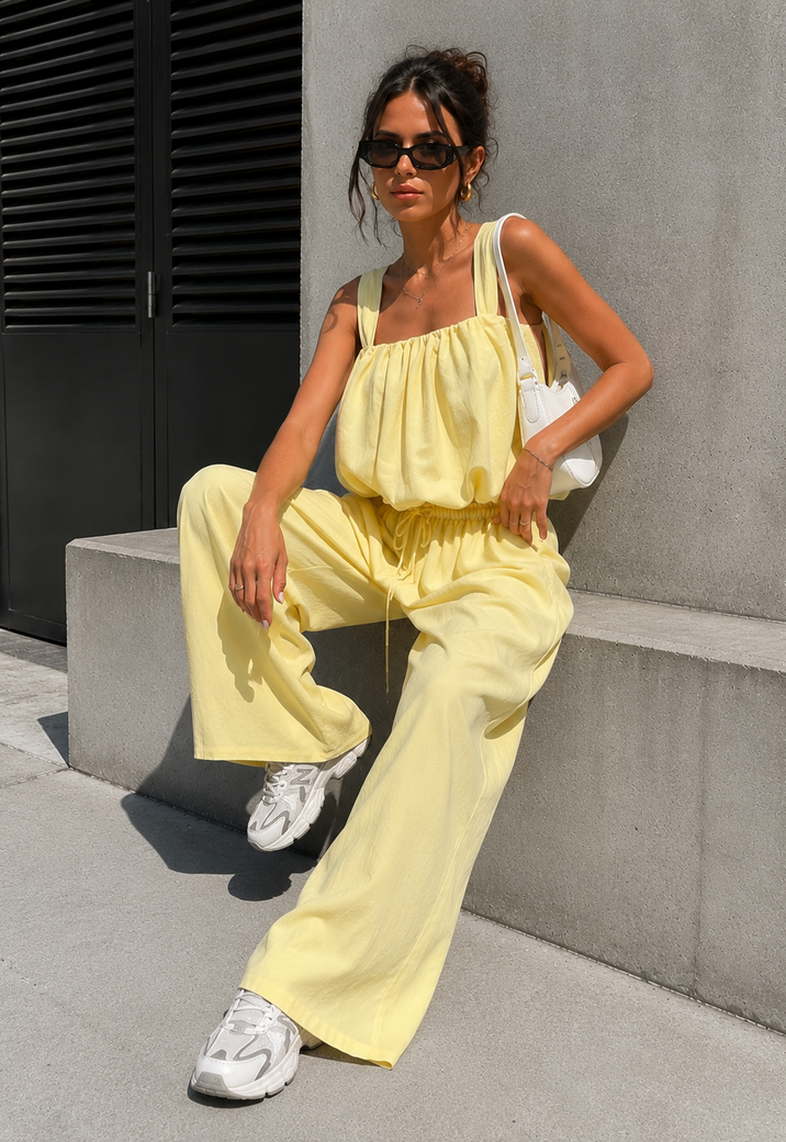 Lichtgele Stretch Two Piece Set met Mouwloze Top en Wide Leg Broek