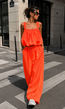 Neon Oranje Stretch Two Piece Set met Mouwloze Top en Wide Leg Broek