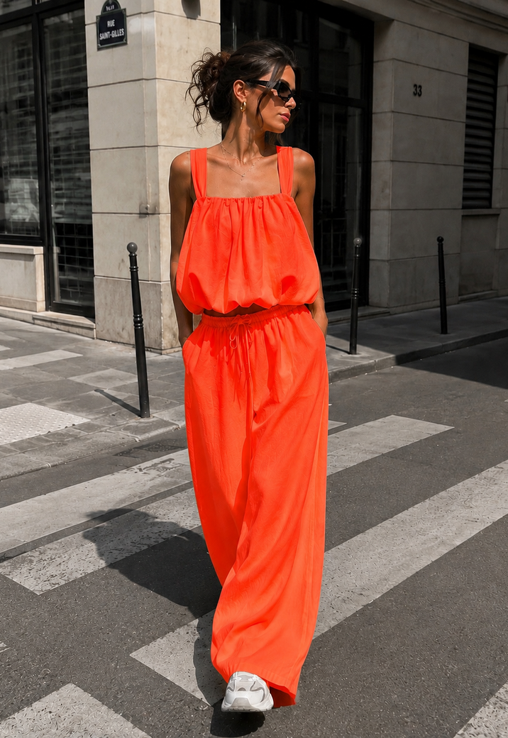 Neon Oranje Stretch Two Piece Set met Mouwloze Top en Wide Leg Broek