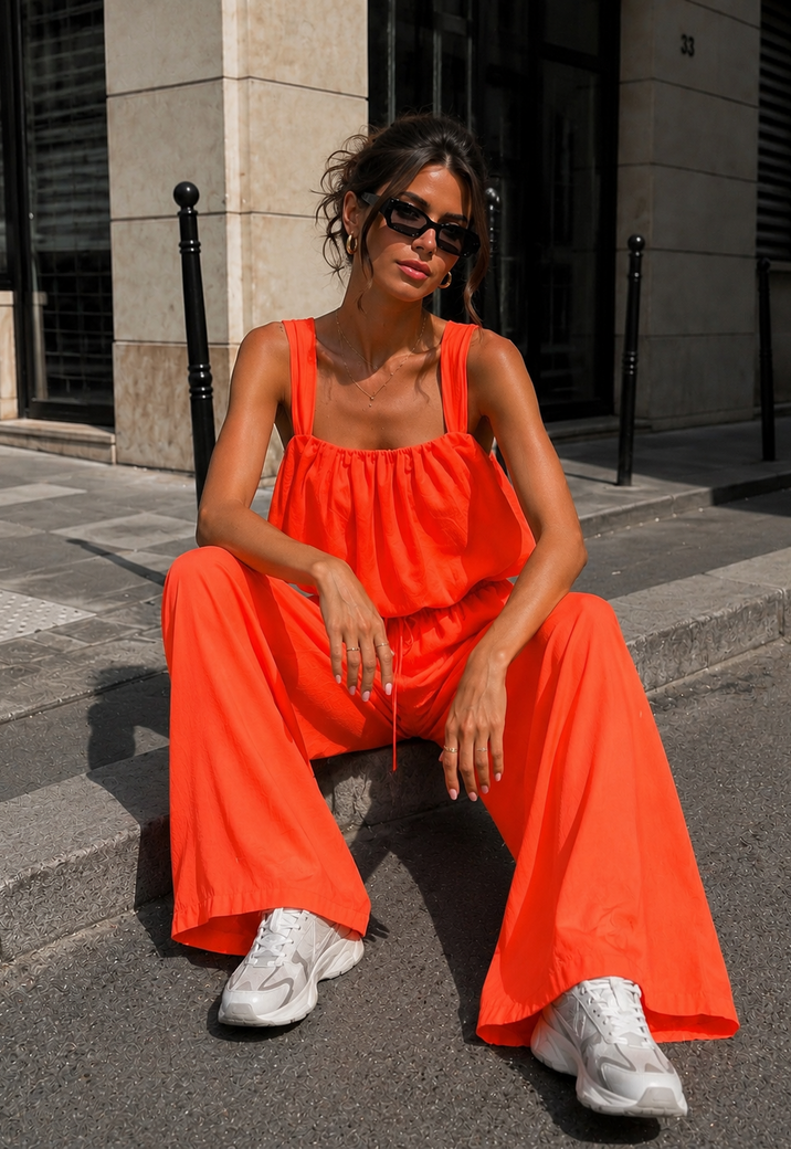 Neon Oranje Stretch Two Piece Set met Mouwloze Top en Wide Leg Broek