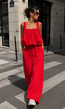 Rode Stretch Two Piece Set met Mouwloze Top en Wide Leg Broek