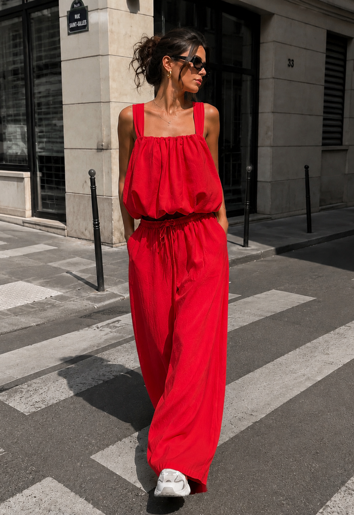 Rode Stretch Two Piece Set met Mouwloze Top en Wide Leg Broek