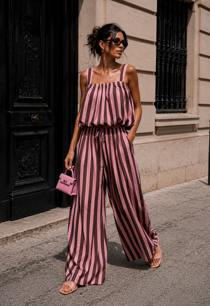 Bruin Roze Gestreepte Two Piece Set met Mouwloze Top en Wide Leg Broek