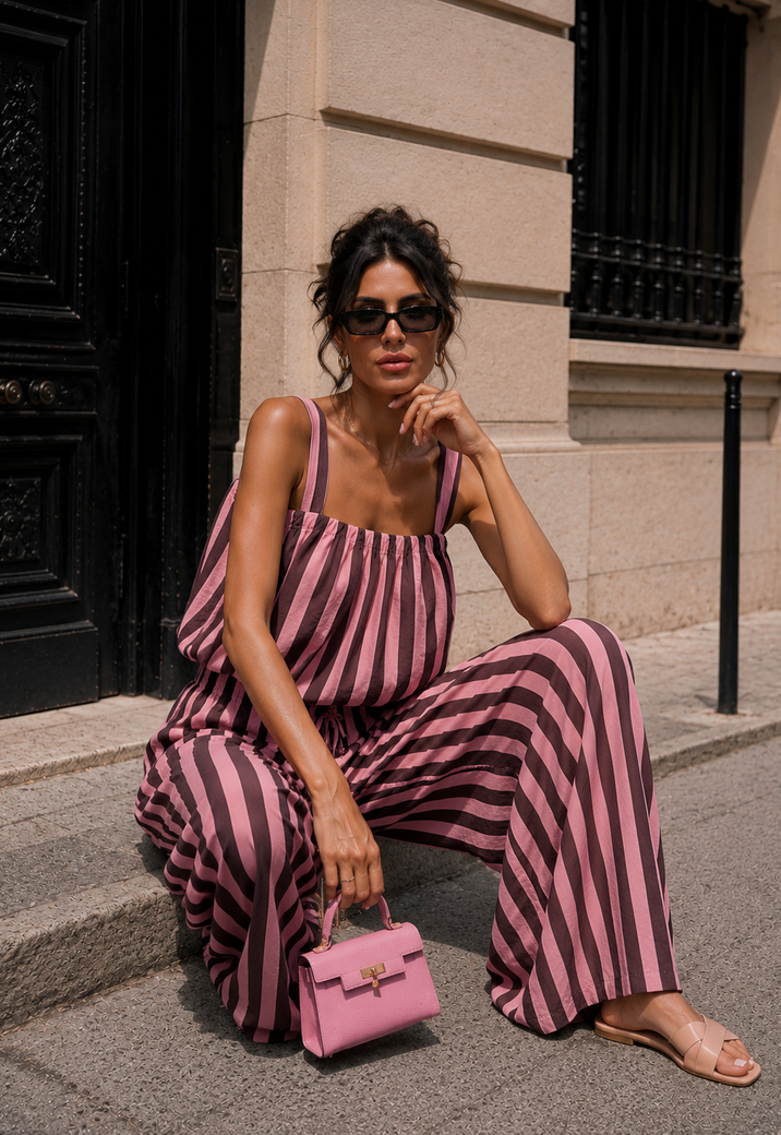 Bruin Roze Gestreepte Two Piece Set met Mouwloze Top en Wide Leg Broek