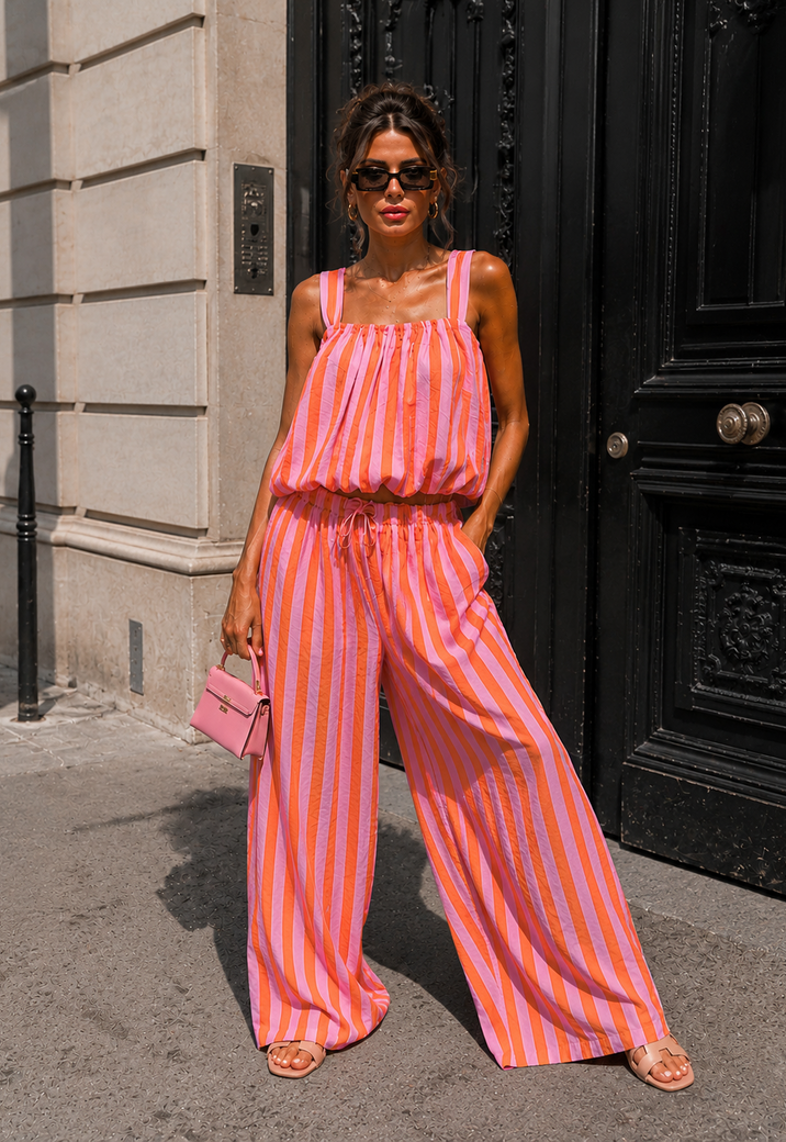 Roze Oranje Gestreepte Tweedelige Set met Wide Leg Broek