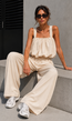 Beige Stretch Two Piece Set met Mouwloze Top en Wide Leg Broek