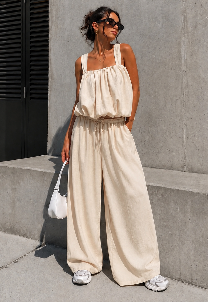 Beige Stretch Two Piece Set met Mouwloze Top en Wide Leg Broek