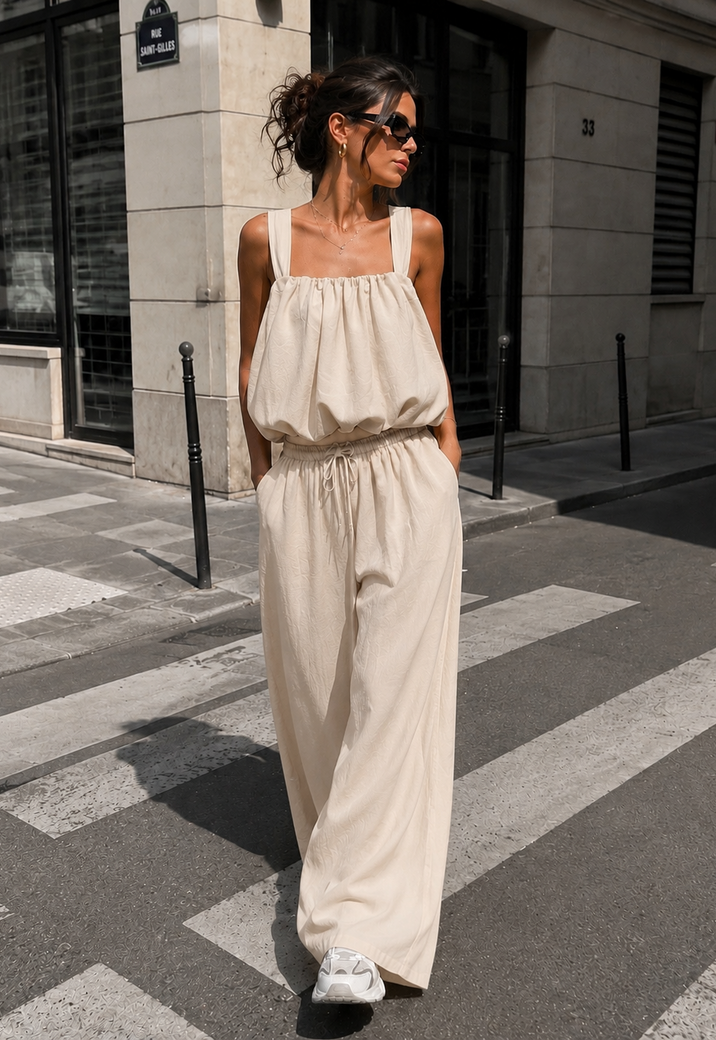 Beige Stretch Two Piece Set met Mouwloze Top en Wide Leg Broek