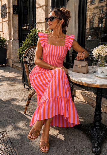 NEW150726 Roze Oranje Gestreepte Midi Jurk