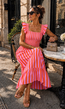 Roze Gestreepte Midi Jurk met Smockdetail en Ruffle Mouwen