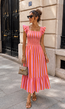 Roze Gestreepte Midi Jurk met Smockdetail en Ruffle Mouwen