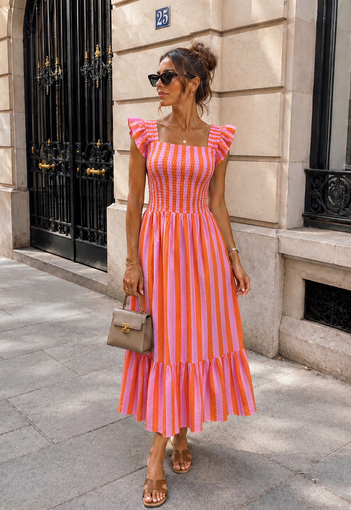 Roze Gestreepte Midi Jurk met Smockdetail en Ruffle Mouwen