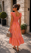 Roze Gestreepte Midi Jurk met Smockdetail en Ruffle Mouwen