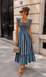 Blauw Gestreepte Midi Jurk met Smockdetail en Ruffle Mouwen