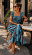 Blauw Gestreepte Midi Jurk met Smockdetail en Ruffle Mouwen